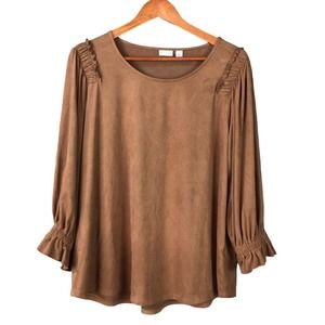 Cato L Brown Faux Suede Ruffle Shoulder Western Top Cowgirl Micro Suede